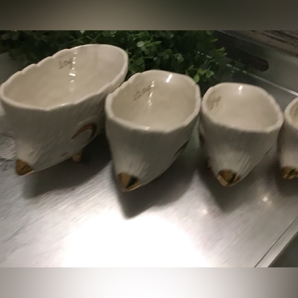 Anthropologie brand Set of Ceramic Hedgehog measuring cups – White /Gold Accents